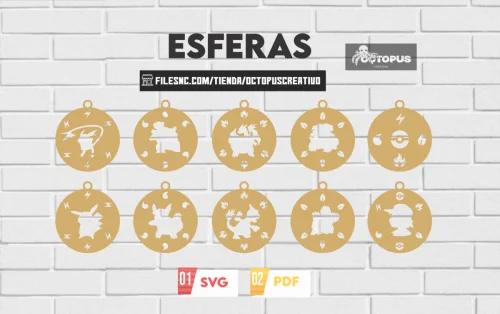 20 Esferas Pokémon | Archivos de Corte Láser para Adornos Navideños | Decoración Personalizada de Navidad | Pokémon Navidad SVG