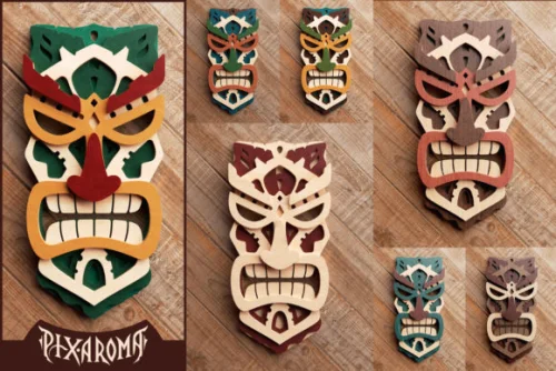 Corte láser SVG de máscara tribal en 3D, diseño tiki para proyectos creativos y decorativos