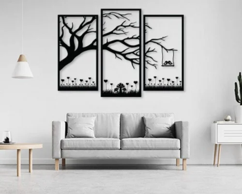 Silueta de Árbol en 3 Cuadros para Decoración de Interiores con Corte Láser Personalizado