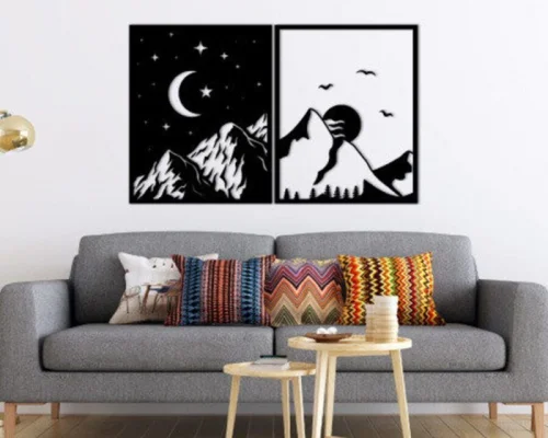 Cuadro de pared de montaña día y noche para corte láser - Decoración única y personalizada