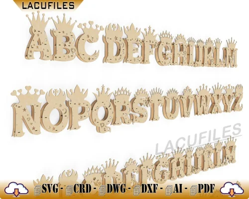 Abecedario decorativo con coronas para corte láser CNC - Vectores de letras personalizadas