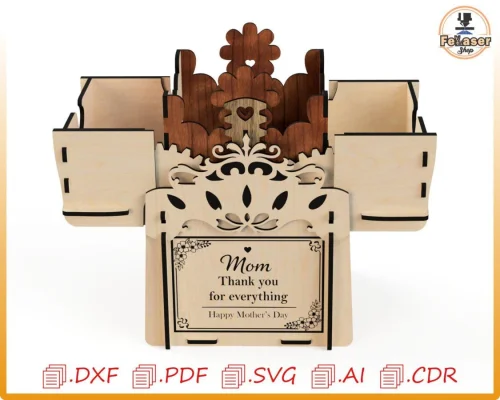 Caja de regalo mecánica explosiva - Archivos SVG, DXF, CDR para corte láser (Día de la Madre)