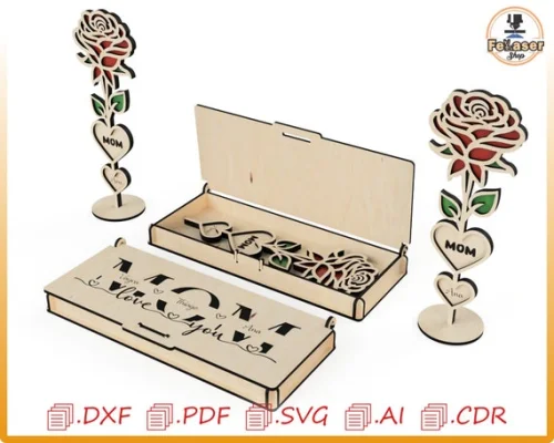 Caja regalo para mamá con flores cortada con láser: archivos vectoriales (descarga digital)