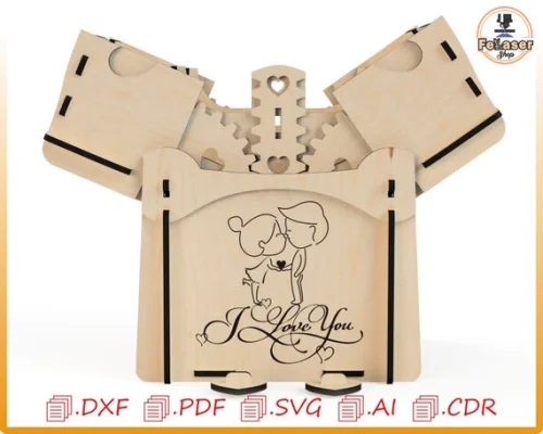 Caja del amor, caja de San Valentín, amor SVG, regalo de amor, archivos Glowforge, caja explosiva con engranajes para corte por láser.
