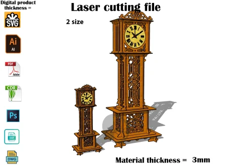 Reloj de abuelo con corte láser SVG de 2 tamaños de 3mm