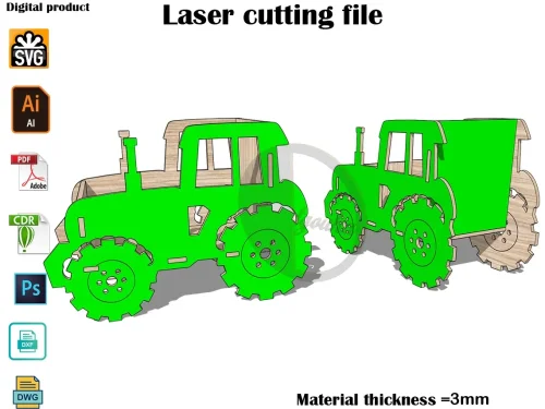 Caja de Tractor de Granja, Archivos para Corte Láser, Plantilla para Corte Láser, Vector para Láser, Patrón de Corte Láser, Modelo Vectorial, Vector, Descarga Instantánea, 3mm, 2.7mm