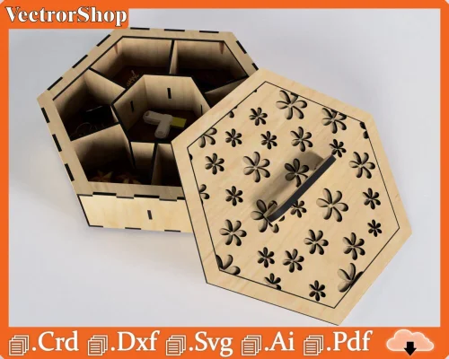 Caja hexagonal con compartimentos para corte láser MDF - Organizador de objetos pequeños elegante y práctico
