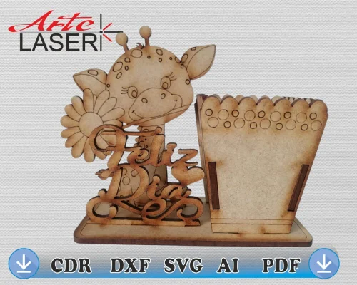 PORTA LÁPIZ DECORATIVO, Diseño tierno y funcional en madera calada, ideal para alegrar escritorios y regalar con cariño. CDR, DXF, SVG, AI, PDF