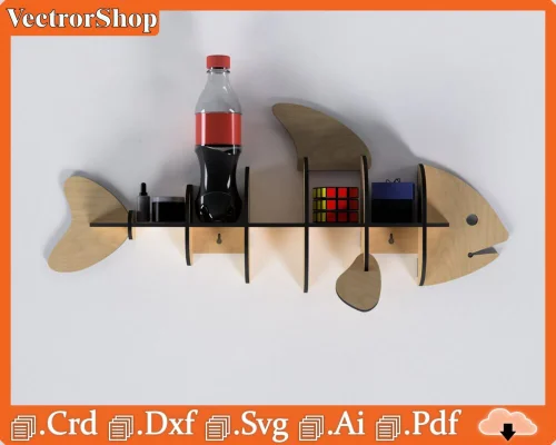 Repisa decorativa en forma de pez | Organizador elegante | Archivo vectorial para corte láser