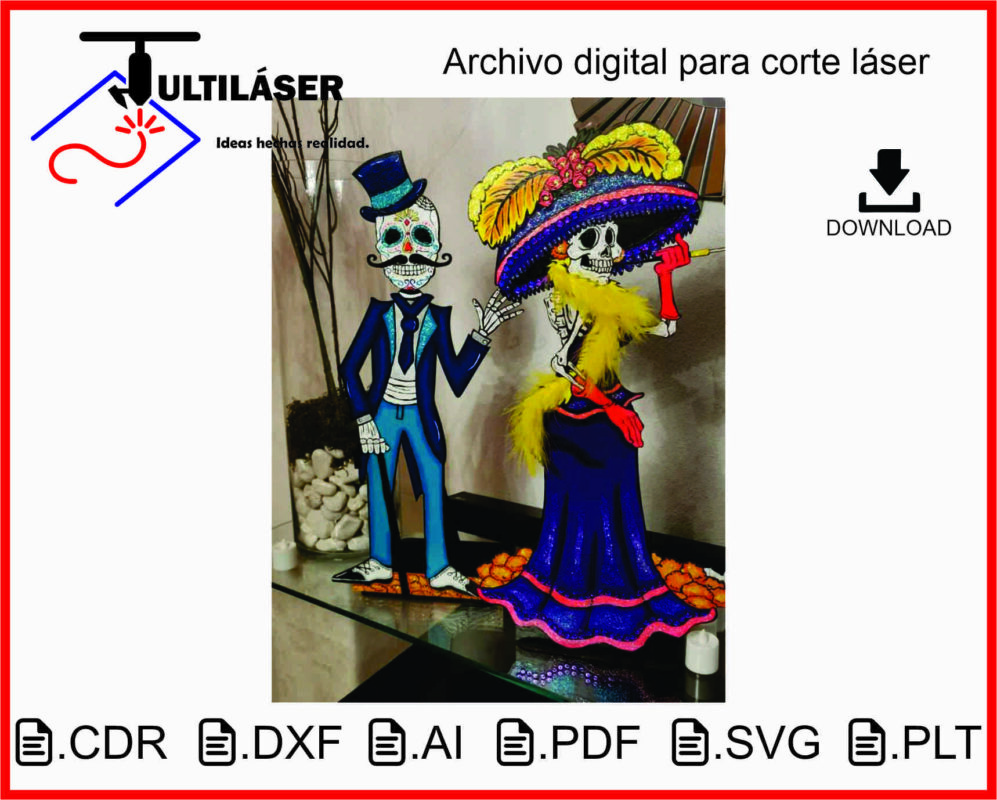 Catrina y Catrín para Corte Láser - Vectores Día de Muertos en CDR, SVG, AI, PLT, DXF y PDF