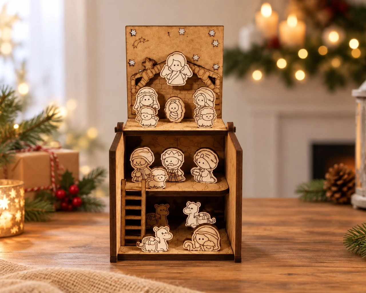 Mini pesebre en caja que se abre con figuras infantiles - Navidad